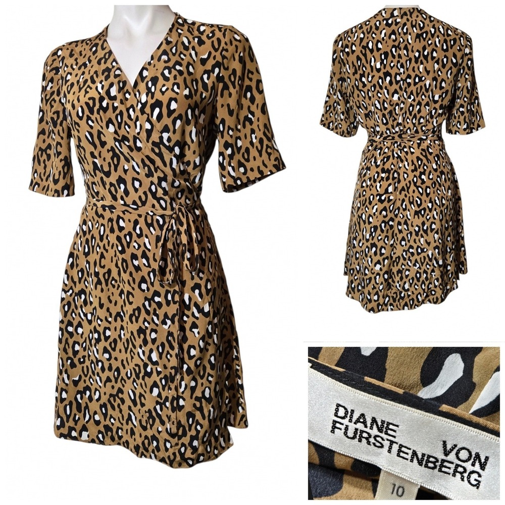 Diane von Furstenberg Savilla Wrap Dress Whitman Beige leopard print Size 10
